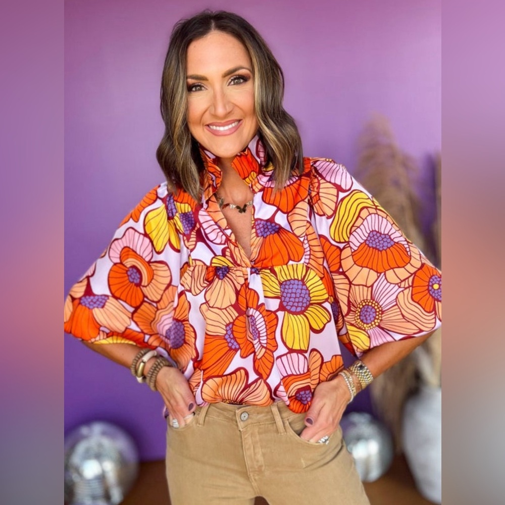 Adrienne Bold Floral Puff-Sleeve Top in Orange, Yellow, Purple